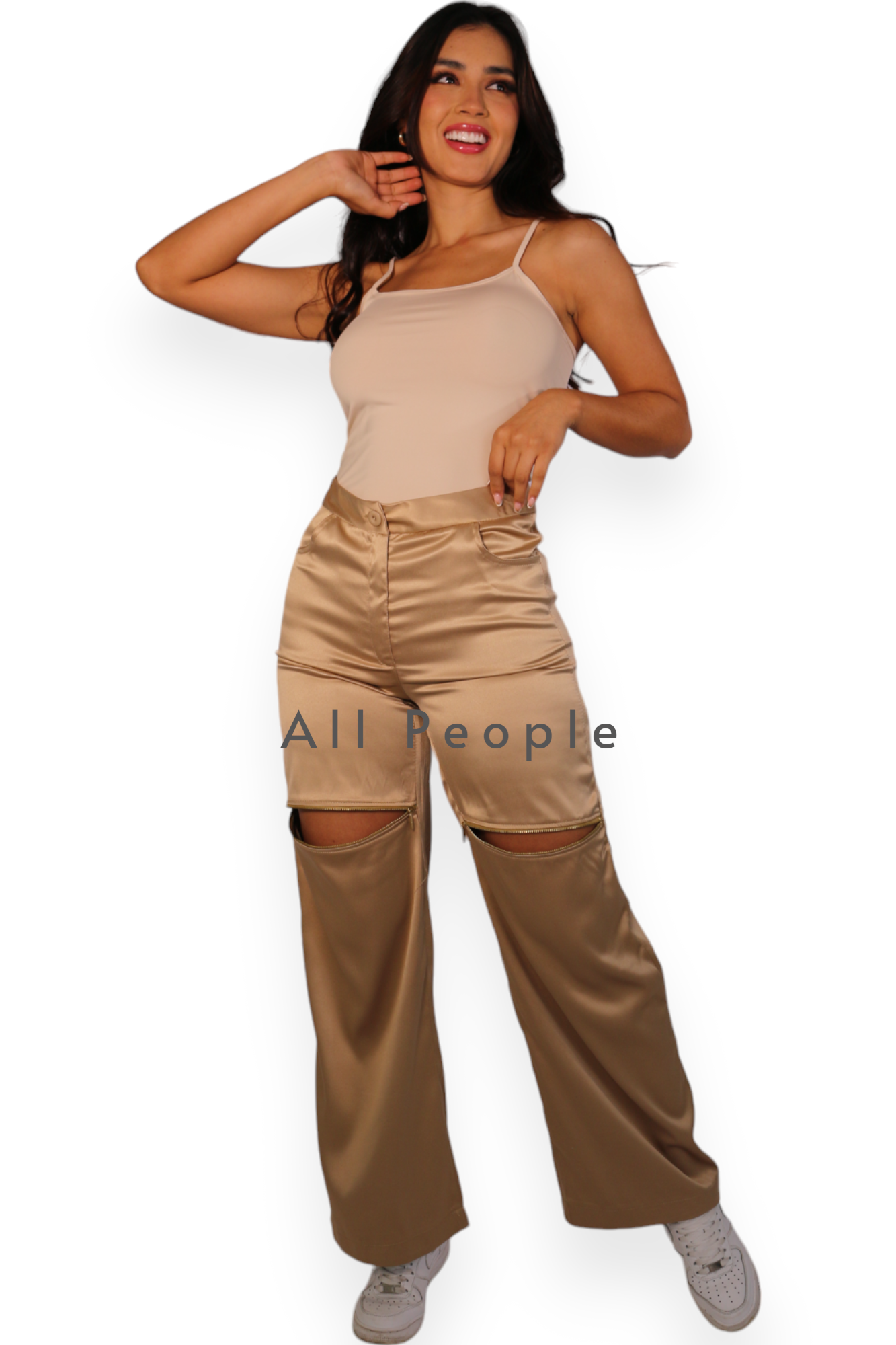 Pantalon Cremallera Satin Camel